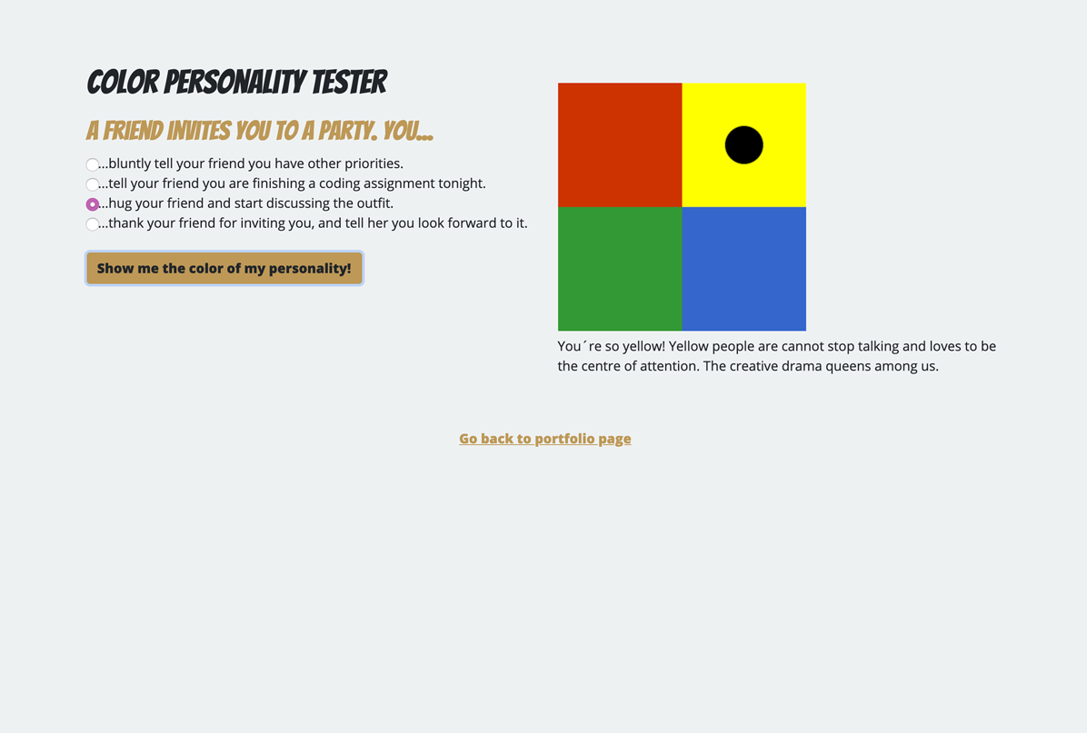 Screenshot of personality test project